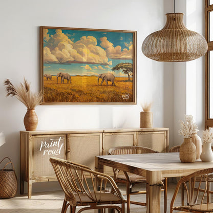 This grand and sweeping artwork depicts a family of elephants traversing a vast, sun-drenched savan… for dining room