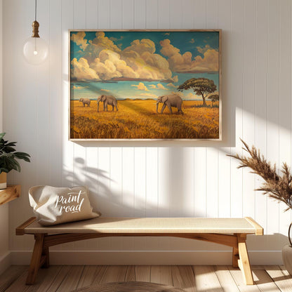This grand and sweeping artwork depicts a family of elephants traversing a vast, sun-drenched savan… for entryway