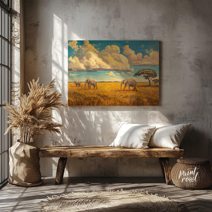 This grand and sweeping artwork depicts a family of elephants traversing a vast, sun-drenched savan… for entryway