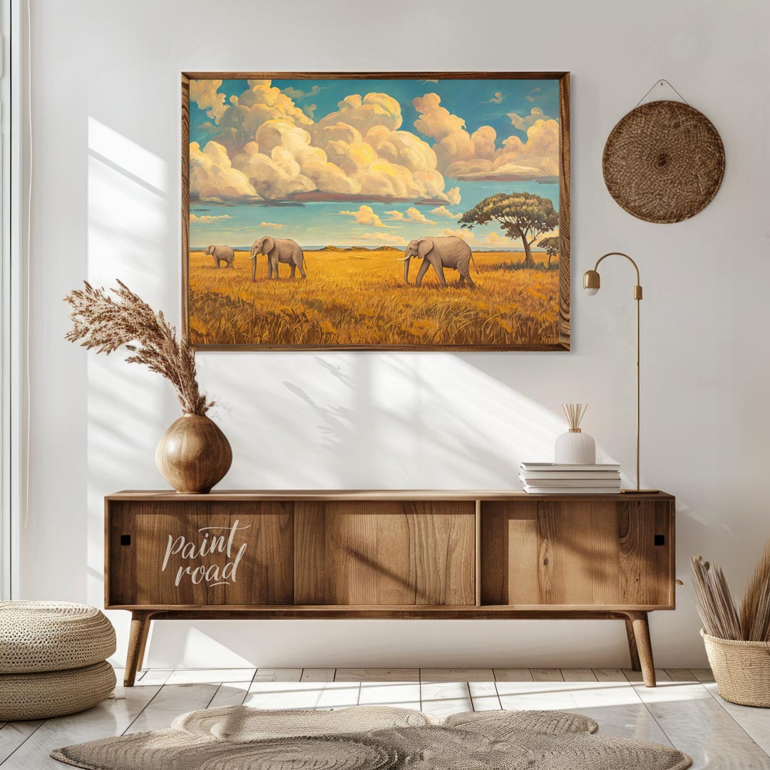 This grand and sweeping artwork depicts a family of elephants traversing a vast, sun-drenched savan… for living room