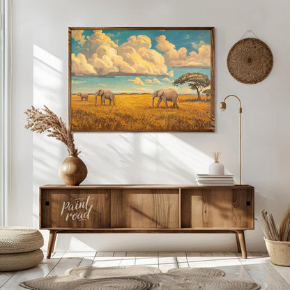 This grand and sweeping artwork depicts a family of elephants traversing a vast, sun-drenched savan… for living room