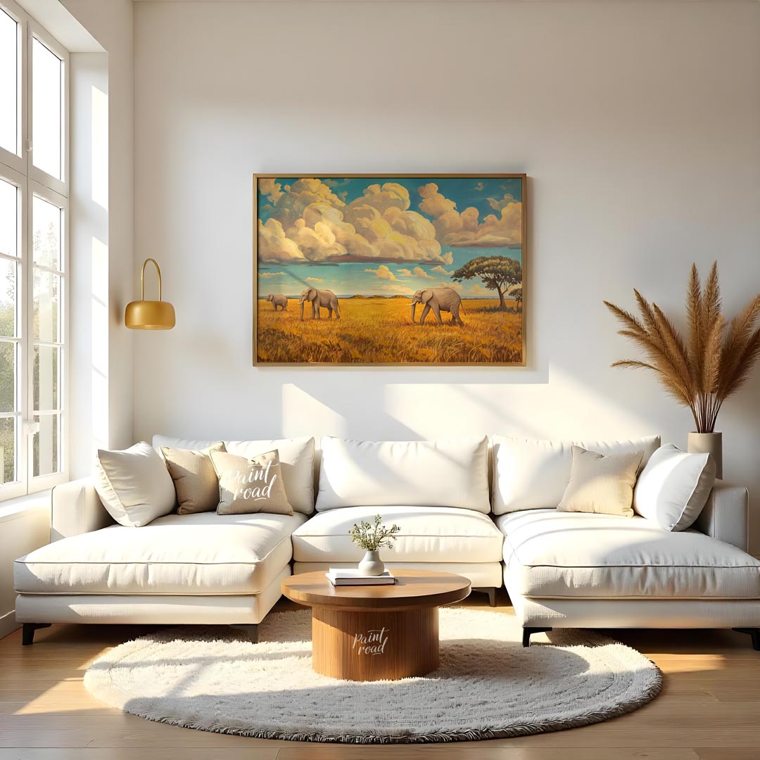 This grand and sweeping artwork depicts a family of elephants traversing a vast, sun-drenched savan… for living room