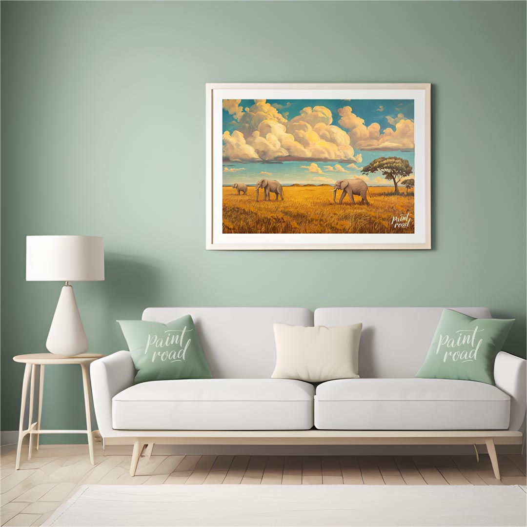 This grand and sweeping artwork depicts a family of elephants traversing a vast, sun-drenched savan… for living room