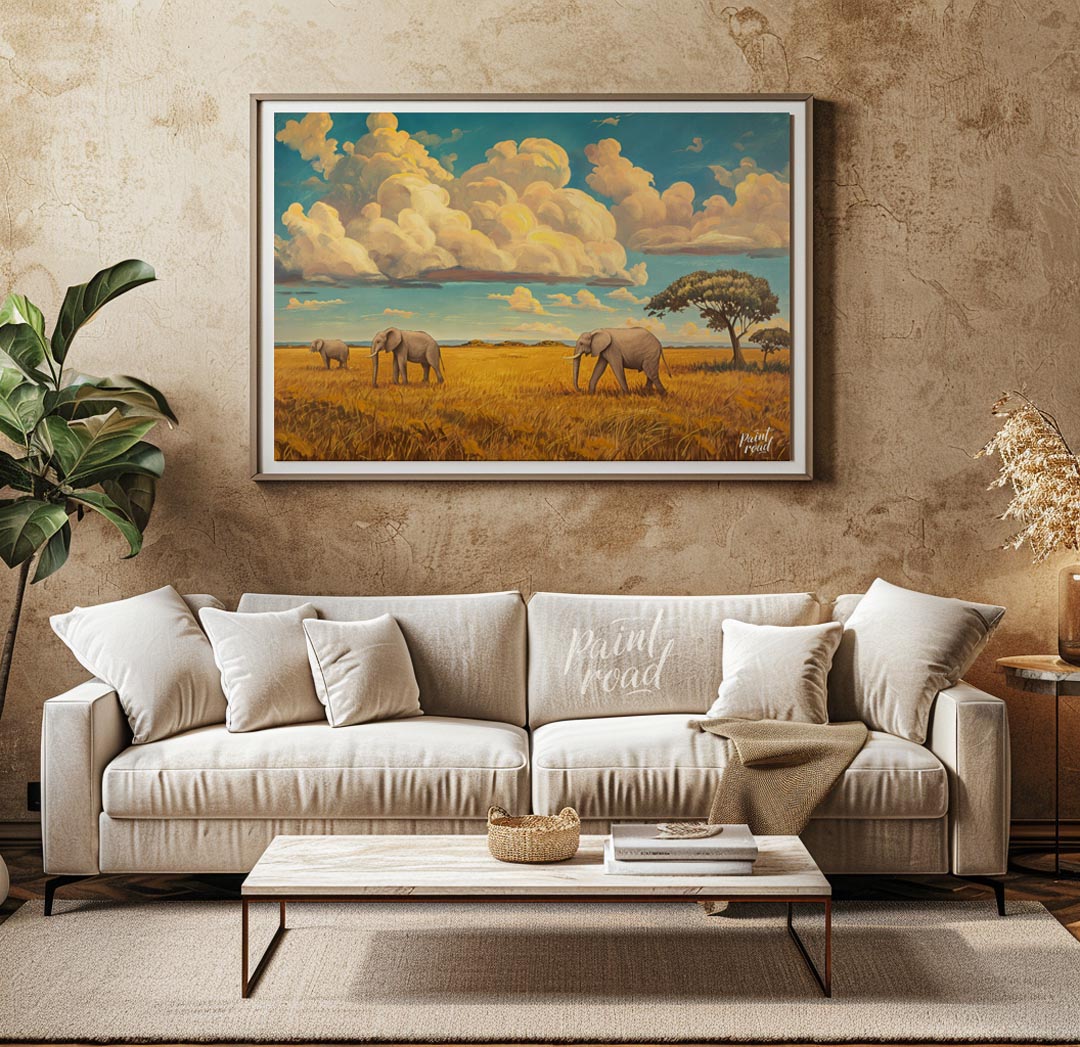 This grand and sweeping artwork depicts a family of elephants traversing a vast, sun-drenched savan… for living room