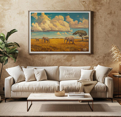 This grand and sweeping artwork depicts a family of elephants traversing a vast, sun-drenched savan… for living room