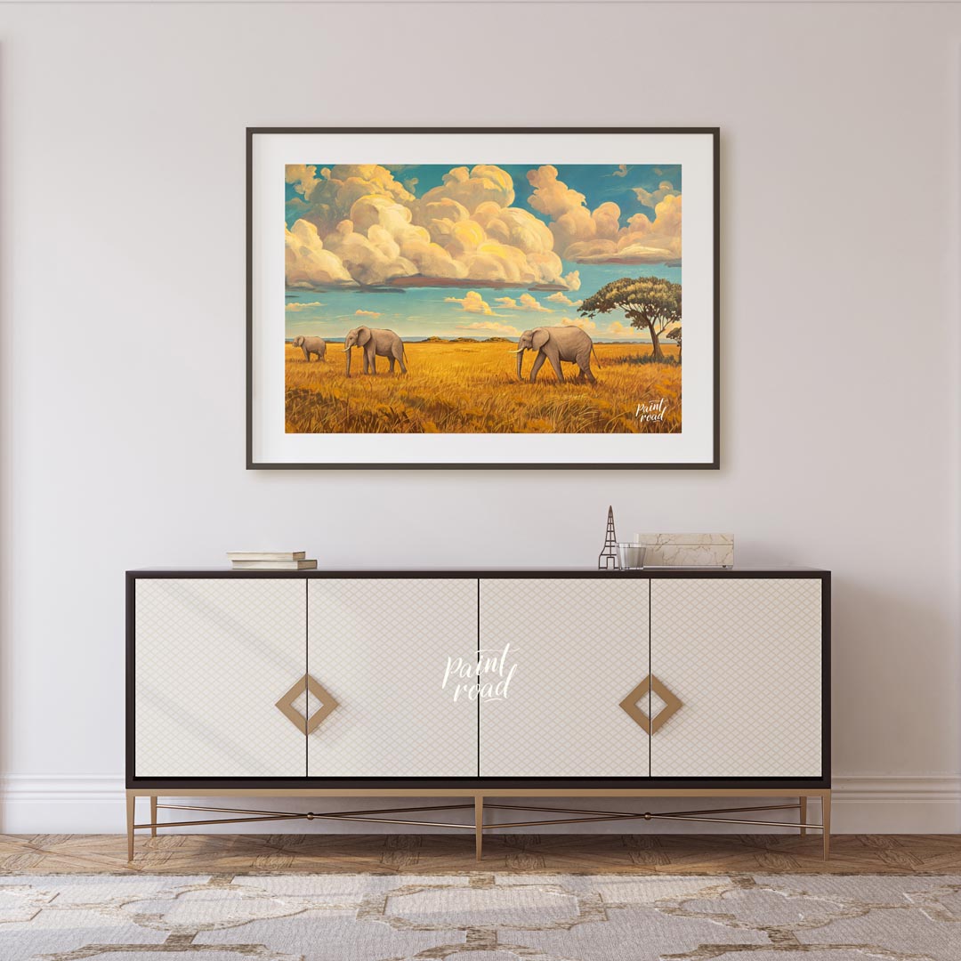 This grand and sweeping artwork depicts a family of elephants traversing a vast, sun-drenched savan… for living room