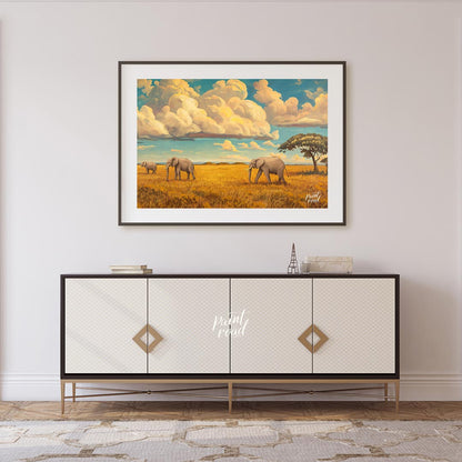 This grand and sweeping artwork depicts a family of elephants traversing a vast, sun-drenched savan… for living room