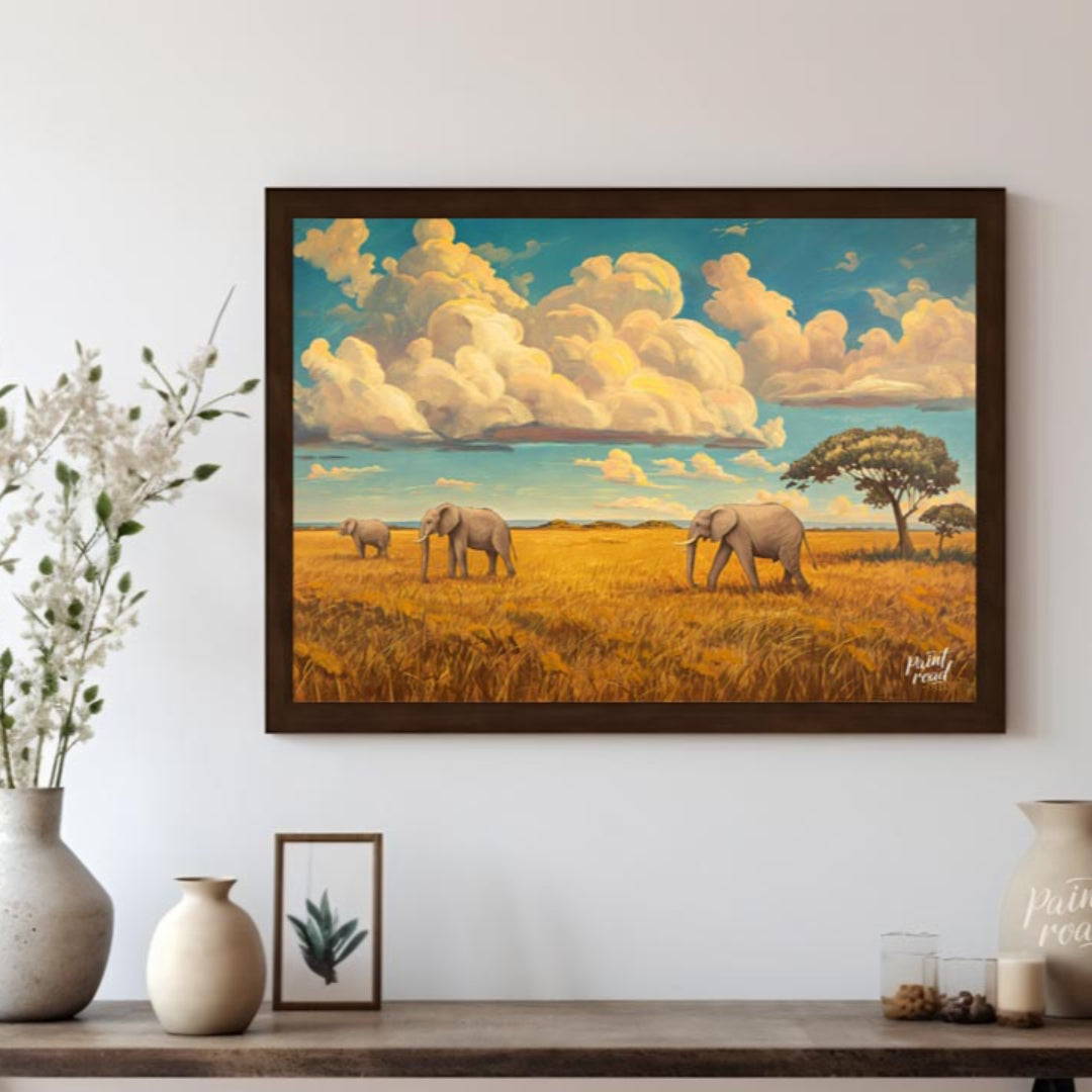 This grand and sweeping artwork depicts a family of elephants traversing a vast, sun-drenched savan… for living room