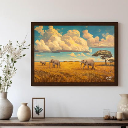 This grand and sweeping artwork depicts a family of elephants traversing a vast, sun-drenched savan… for living room