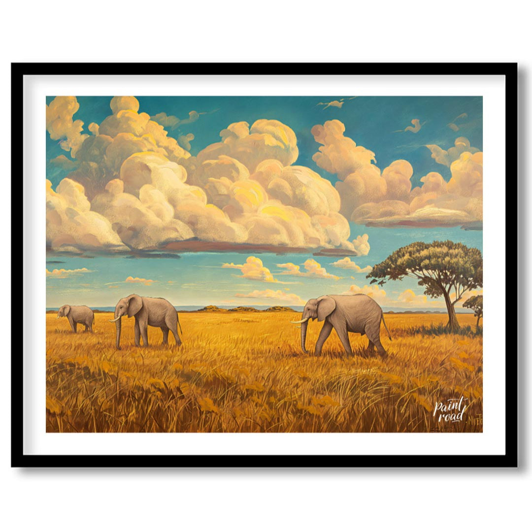 This grand and sweeping artwork depicts a family of elephants traversing a vast, sun-drenched savan… for nook