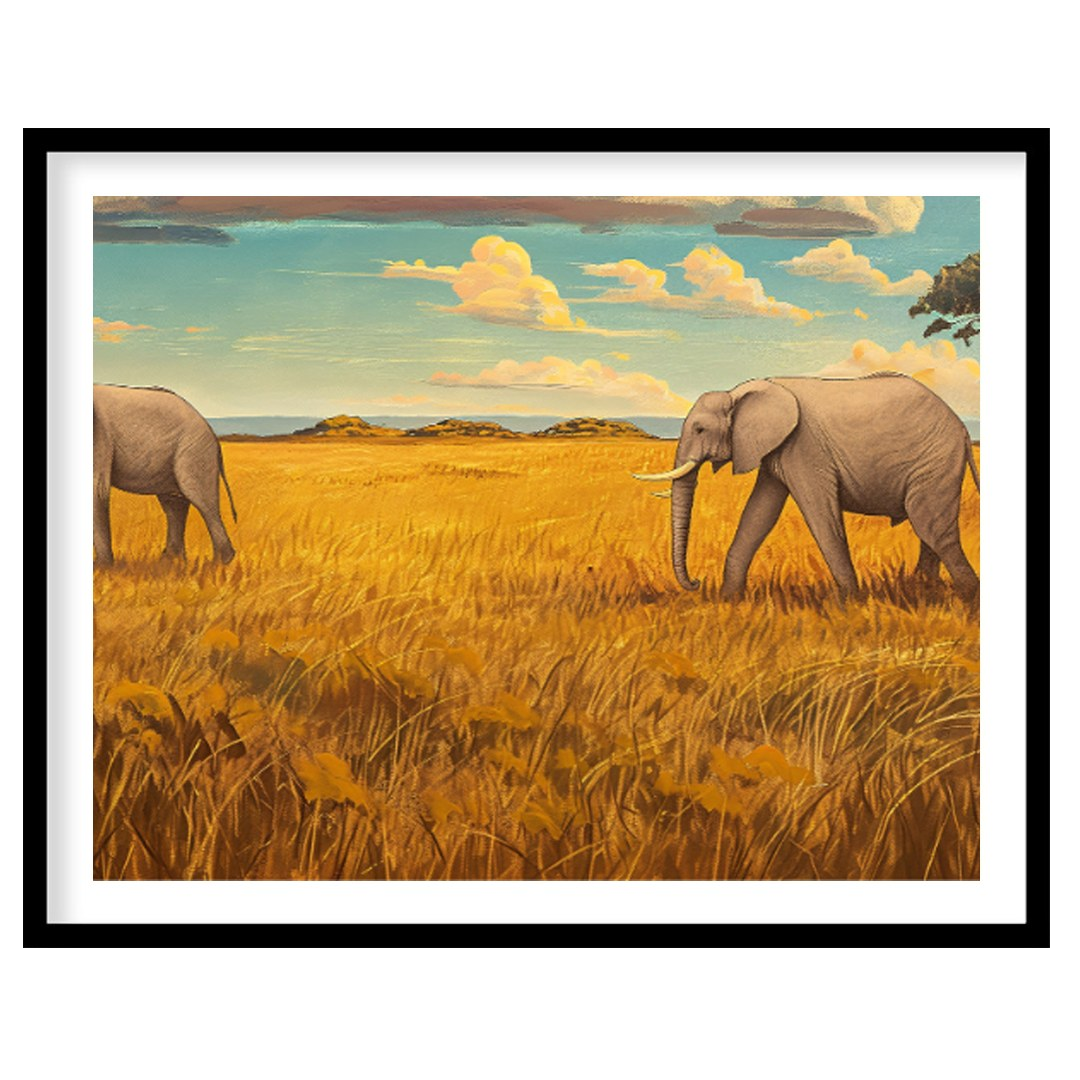 This grand and sweeping artwork depicts a family of elephants traversing a vast, sun-drenched savan… for nook