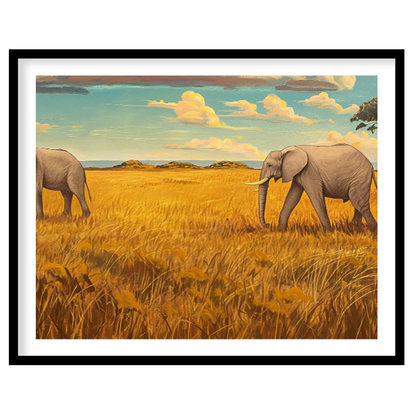 This grand and sweeping artwork depicts a family of elephants traversing a vast, sun-drenched savan… for nook