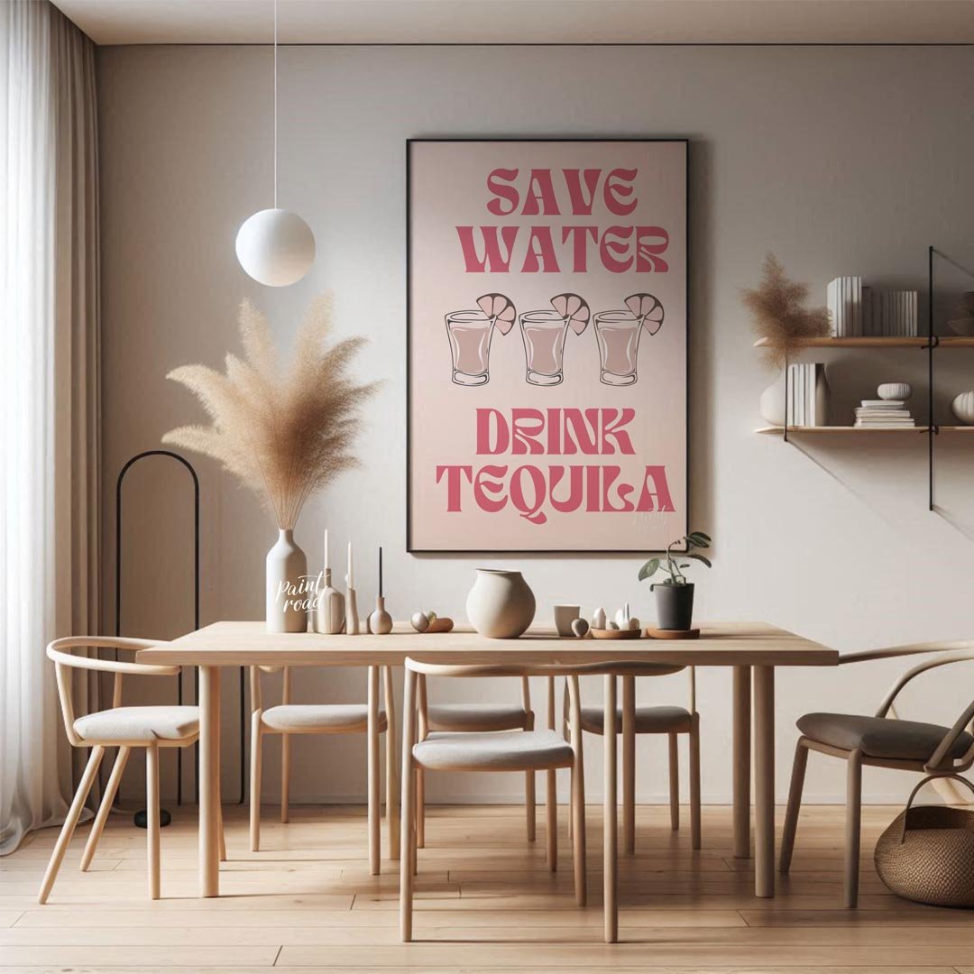 A fun and quirky graphic design featuring the phrase "Save Water, Drink Tequila" in a playful retro… for dining room