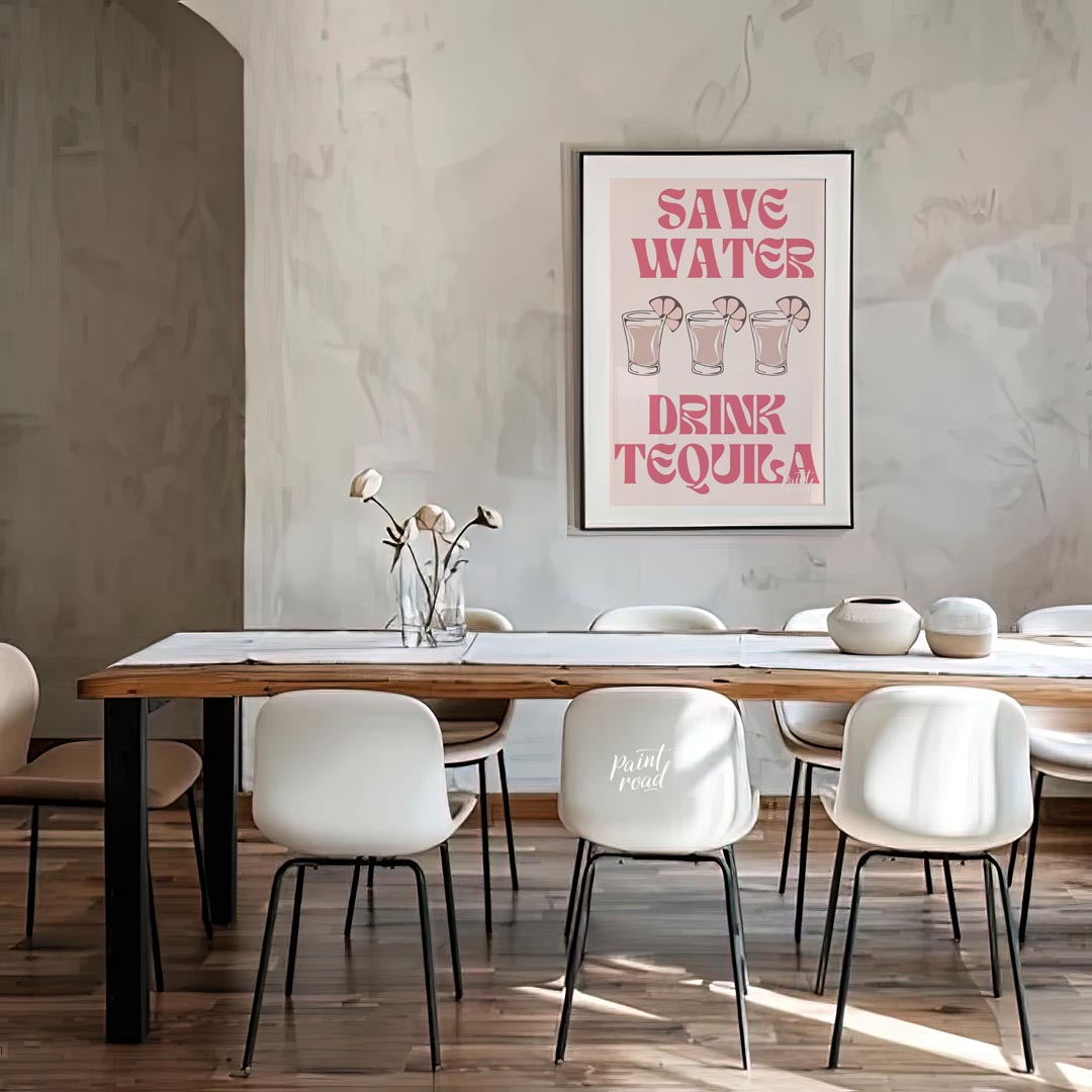 A fun and quirky graphic design featuring the phrase "Save Water, Drink Tequila" in a playful retro… for dining room