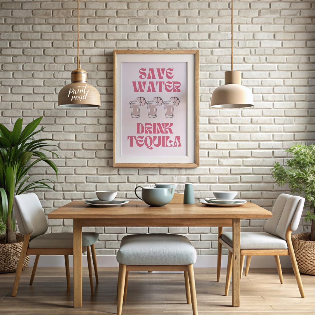 A fun and quirky graphic design featuring the phrase "Save Water, Drink Tequila" in a playful retro… for dining room