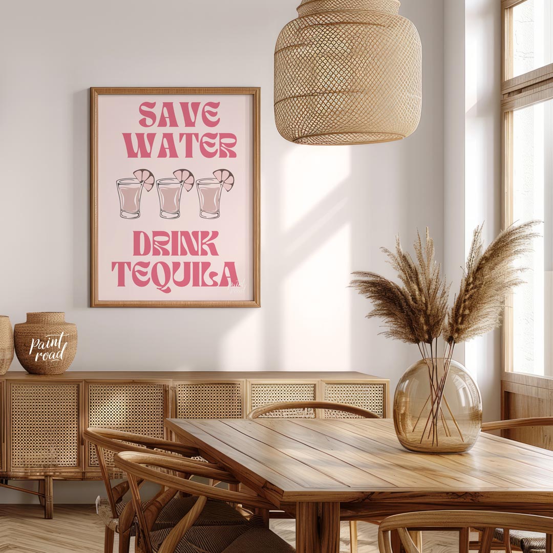 A fun and quirky graphic design featuring the phrase "Save Water, Drink Tequila" in a playful retro… for dining room
