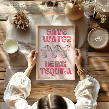 A fun and quirky graphic design featuring the phrase "Save Water, Drink Tequila" in a playful retro… for kitchen