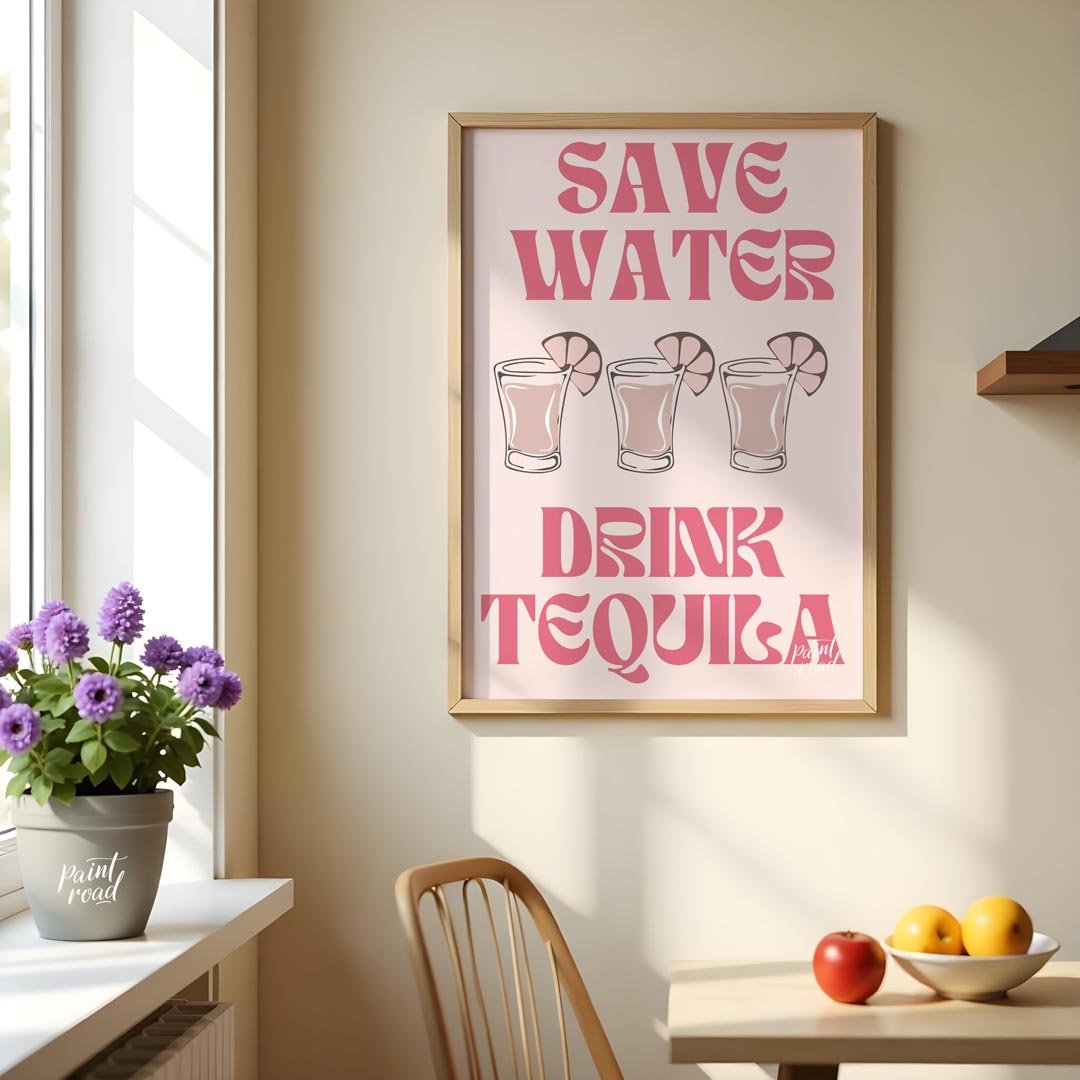 A fun and quirky graphic design featuring the phrase "Save Water, Drink Tequila" in a playful retro… for kitchen