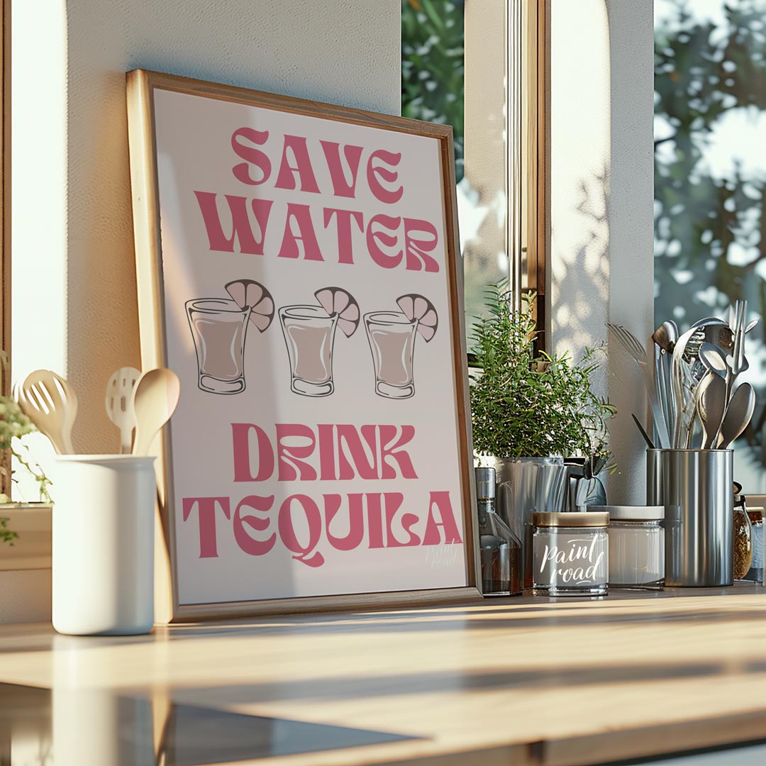 A fun and quirky graphic design featuring the phrase "Save Water, Drink Tequila" in a playful retro… for kitchen