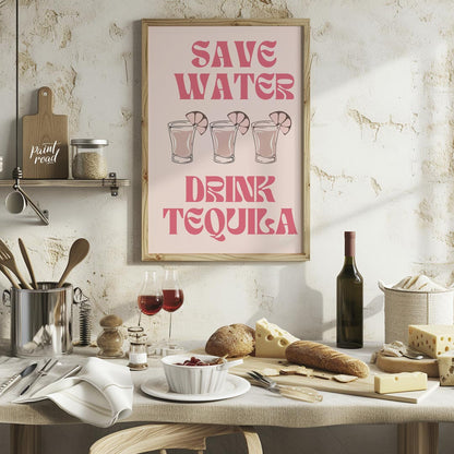 A fun and quirky graphic design featuring the phrase "Save Water, Drink Tequila" in a playful retro… for kitchen