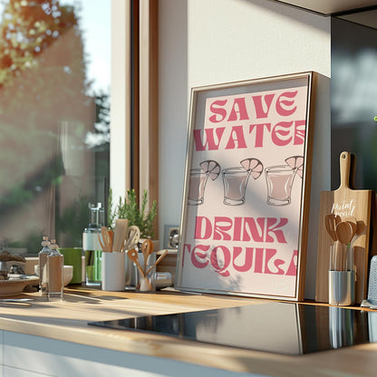 A fun and quirky graphic design featuring the phrase "Save Water, Drink Tequila" in a playful retro… for kitchen