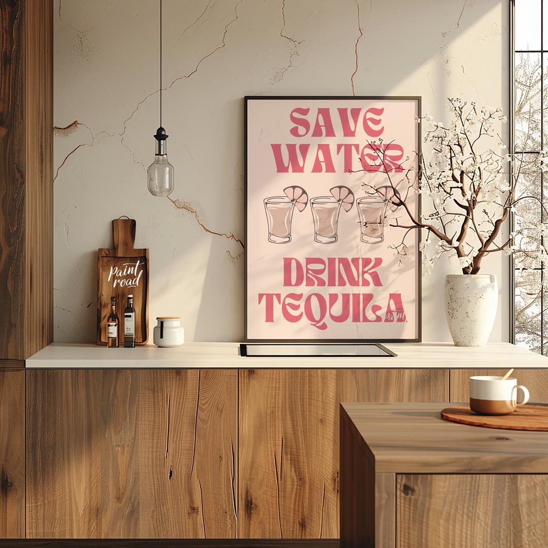A fun and quirky graphic design featuring the phrase "Save Water, Drink Tequila" in a playful retro… for kitchen