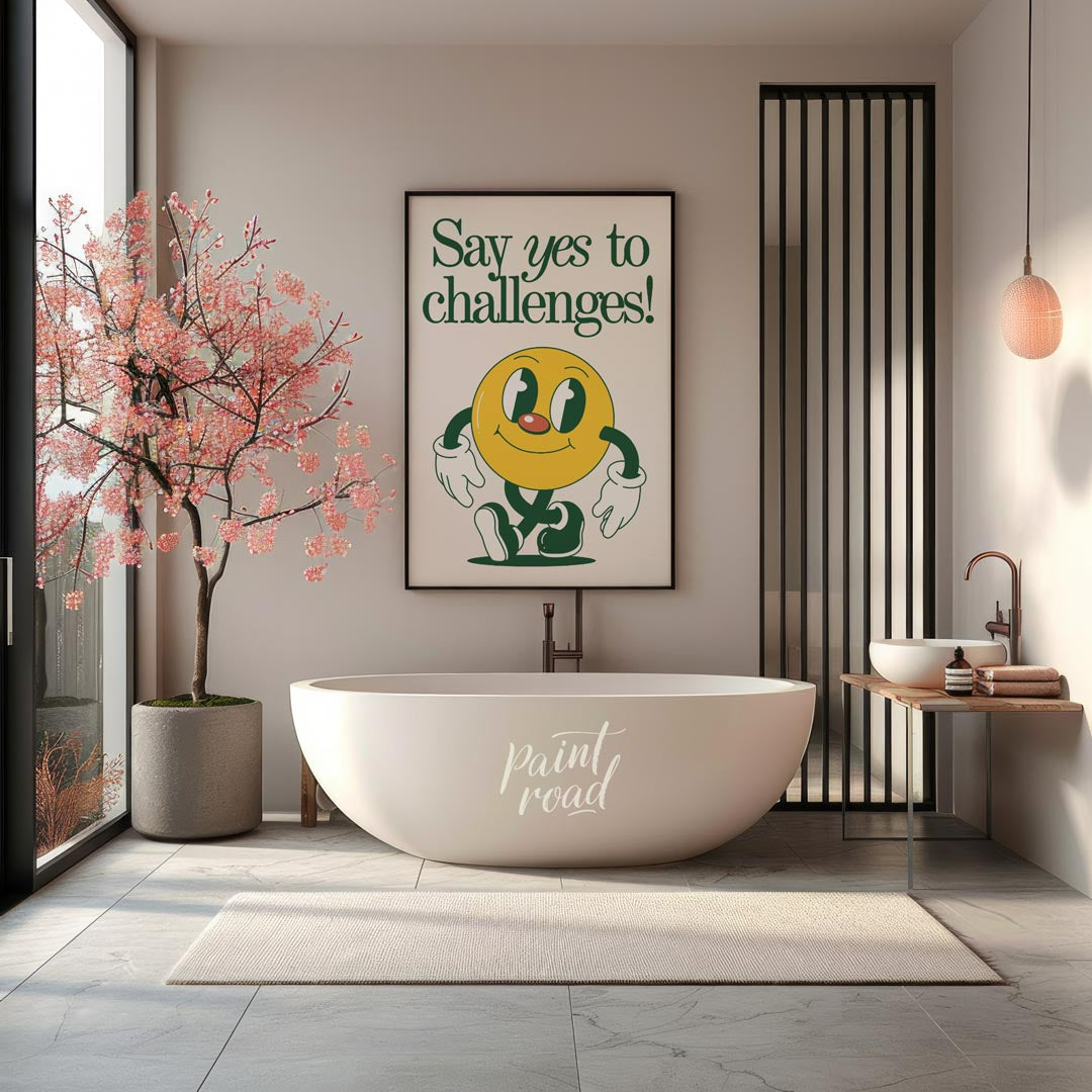 This vibrant and whimsical artwork features a cheerful, retro-style smiley face character with a di… for bathroom