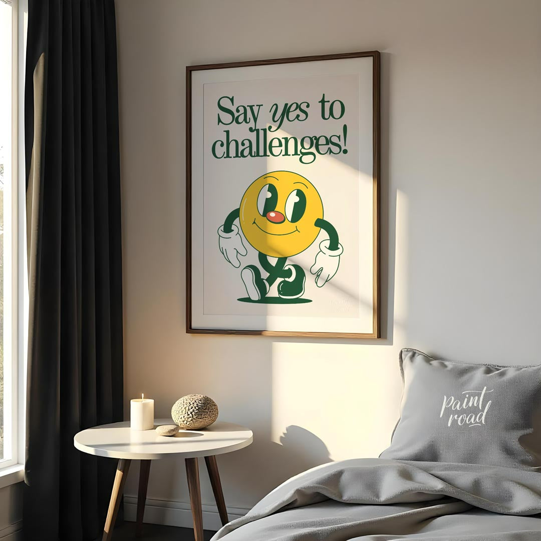 This vibrant and whimsical artwork features a cheerful, retro-style smiley face character with a di… for bedroom