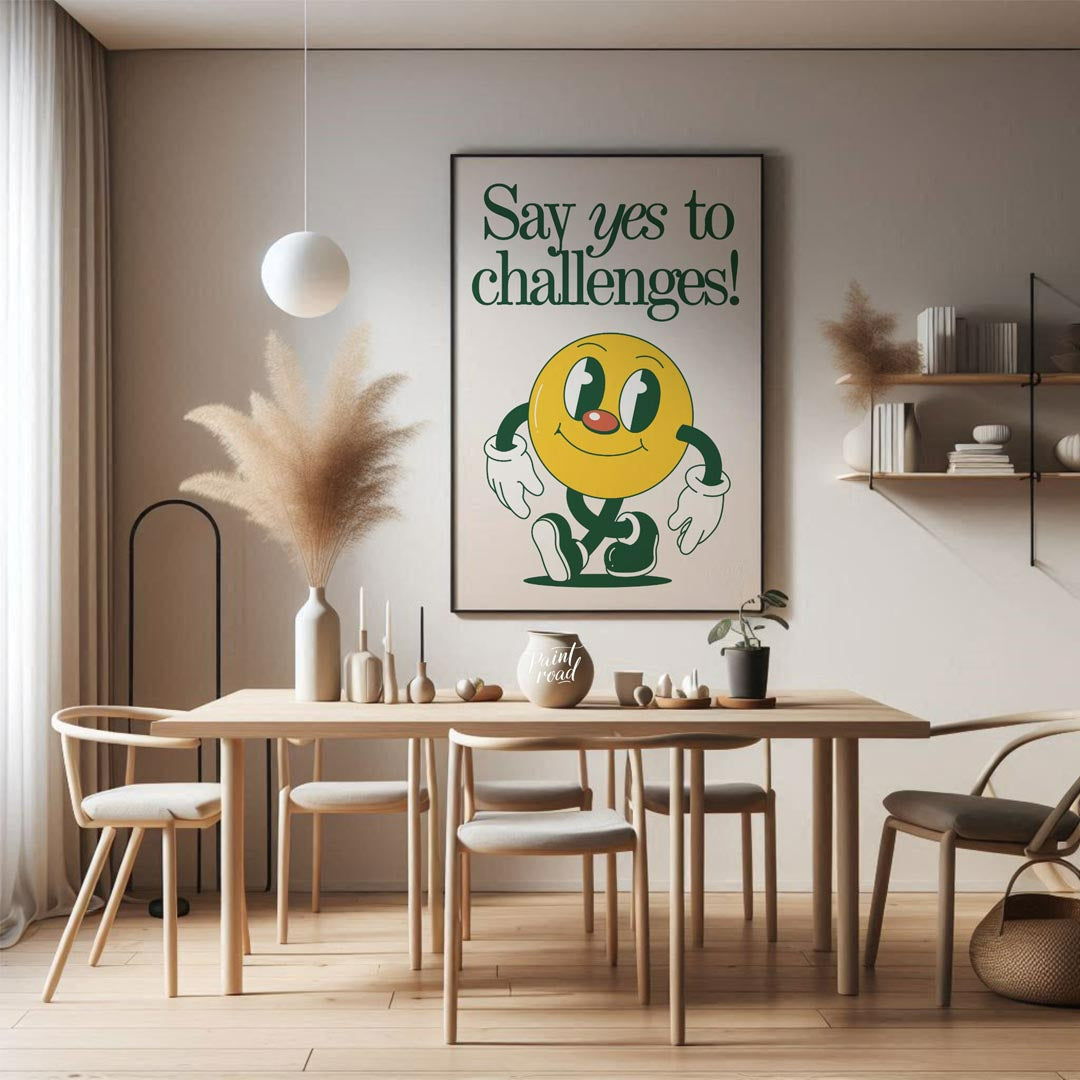 This vibrant and whimsical artwork features a cheerful, retro-style smiley face character with a di… for dining room