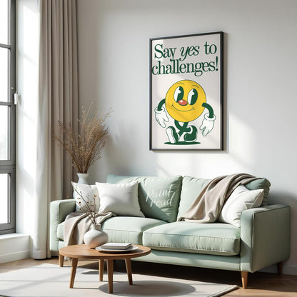 This vibrant and whimsical artwork features a cheerful, retro-style smiley face character with a di… for living room