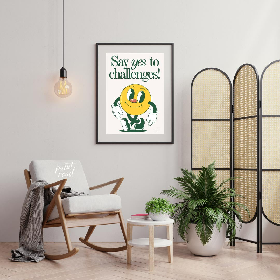 This vibrant and whimsical artwork features a cheerful, retro-style smiley face character with a di… for living room