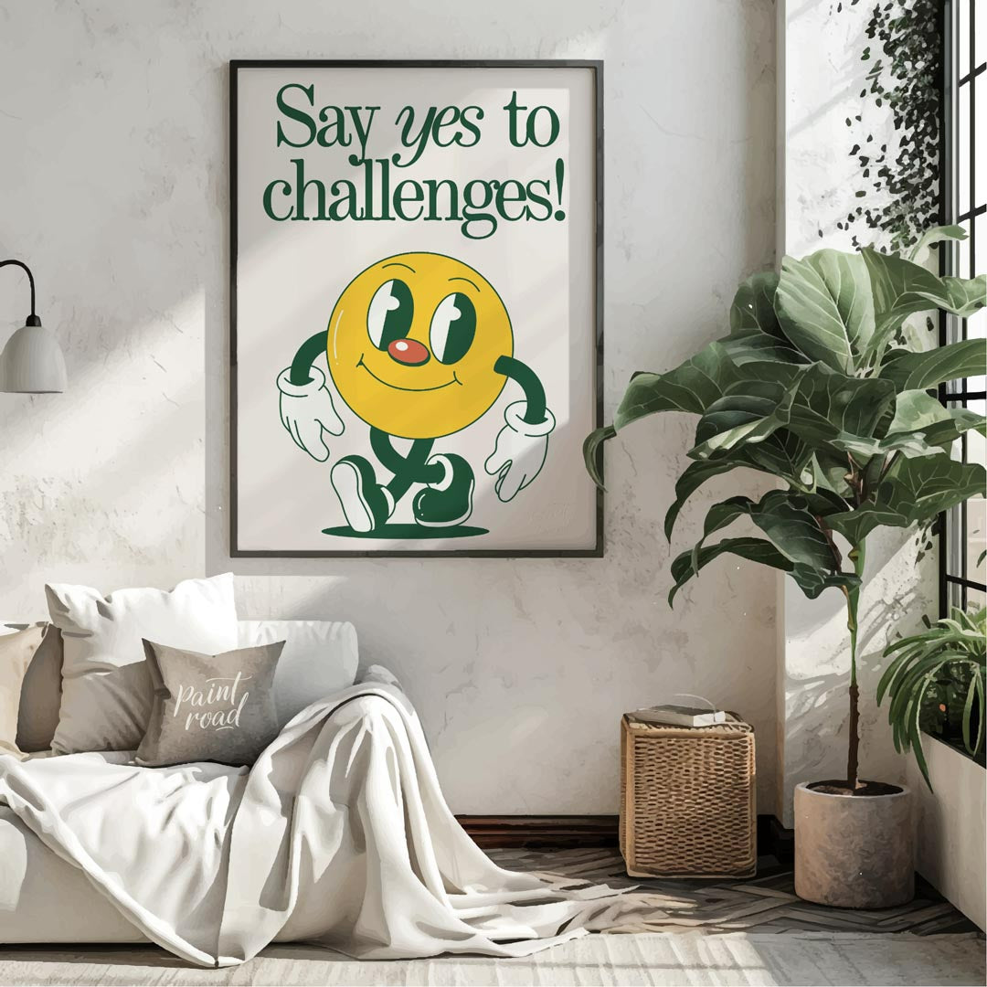This vibrant and whimsical artwork features a cheerful, retro-style smiley face character with a di… for living room