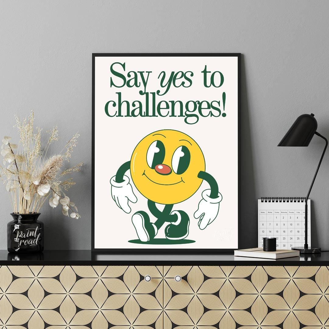 This vibrant and whimsical artwork features a cheerful, retro-style smiley face character with a di… for office