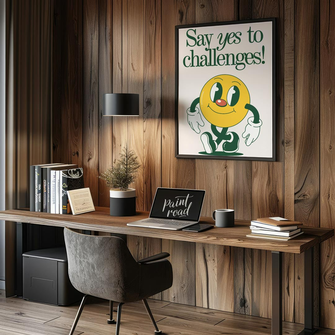 This vibrant and whimsical artwork features a cheerful, retro-style smiley face character with a di… for office