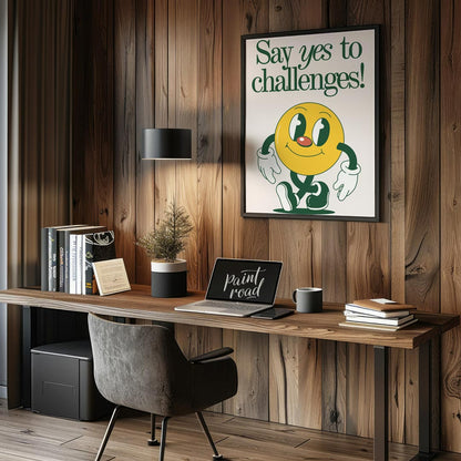 This vibrant and whimsical artwork features a cheerful, retro-style smiley face character with a di… for office