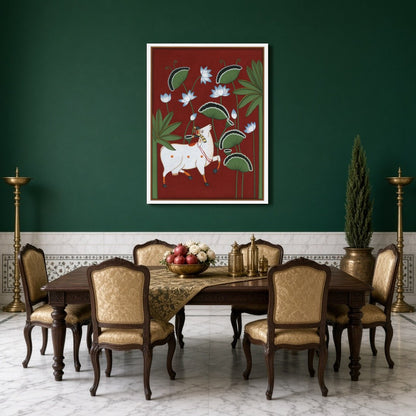 This striking Pichwai artwork captures the divine presence of Kamdhenu amidst a lush lotus canopy, for Dining