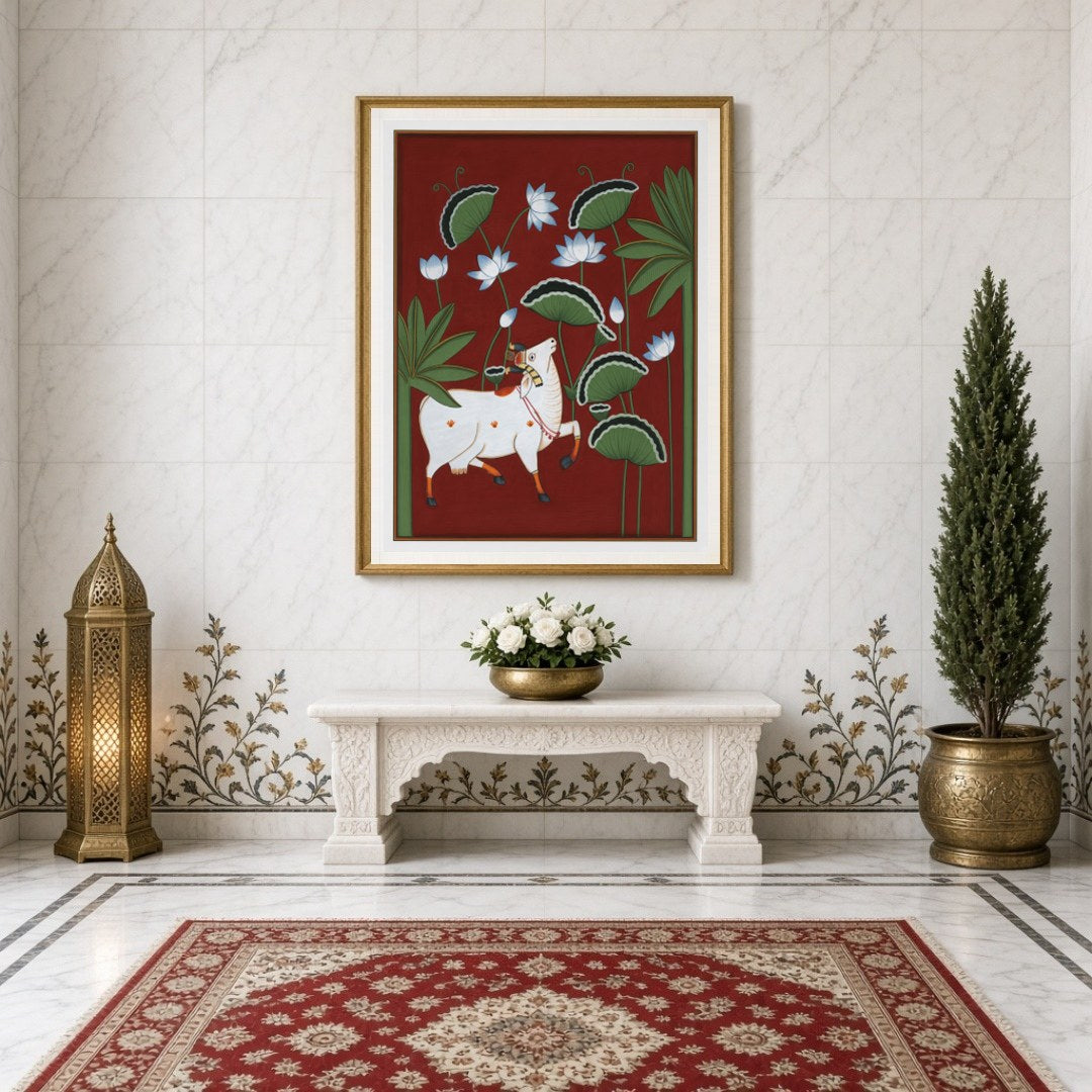 This striking Pichwai artwork captures the divine presence of Kamdhenu amidst a lush lotus canopy, for Entrance