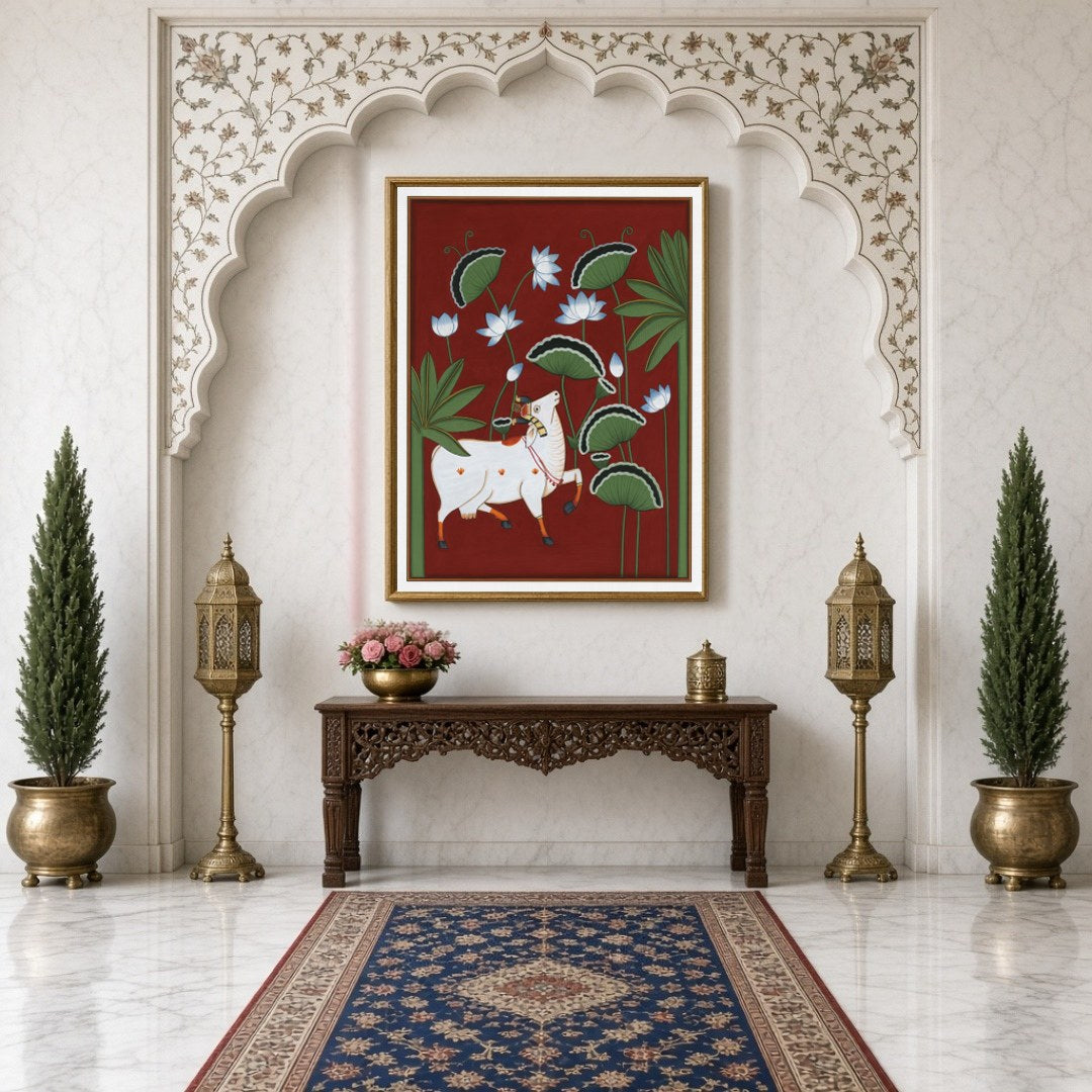 This striking Pichwai artwork captures the divine presence of Kamdhenu amidst a lush lotus canopy, for Hallway