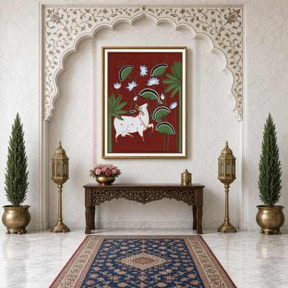 This striking Pichwai artwork captures the divine presence of Kamdhenu amidst a lush lotus canopy, for Hallway