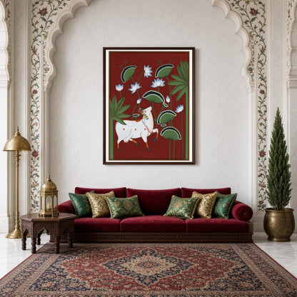 This striking Pichwai artwork captures the divine presence of Kamdhenu amidst a lush lotus canopy, for Living Room
