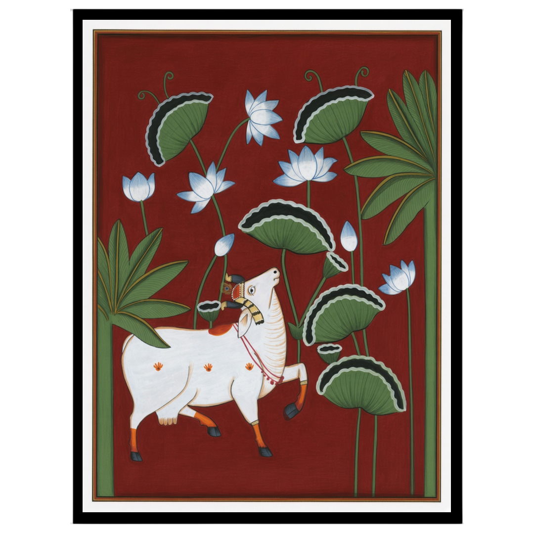 This striking Pichwai artwork captures the divine presence of Kamdhenu amidst a lush lotus canopy, for office