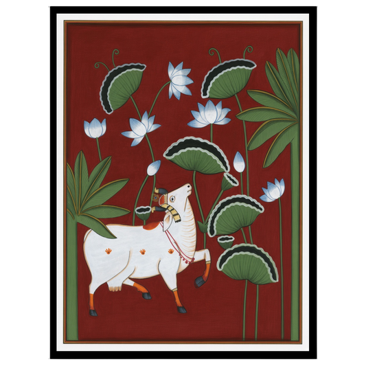 This striking Pichwai artwork captures the divine presence of Kamdhenu amidst a lush lotus canopy, for office