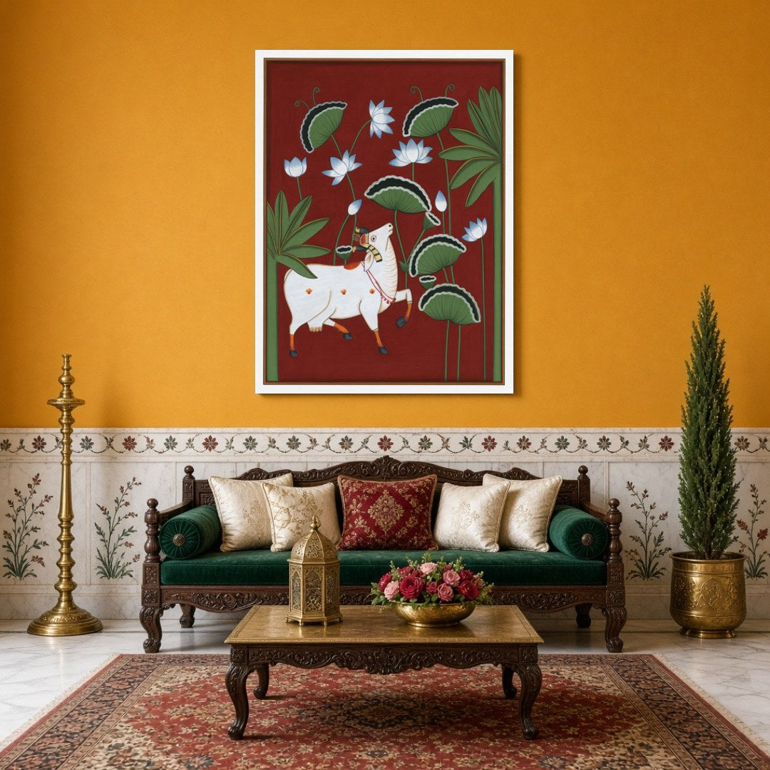 This striking Pichwai artwork captures the divine presence of Kamdhenu amidst a lush lotus canopy, for Sitting Area