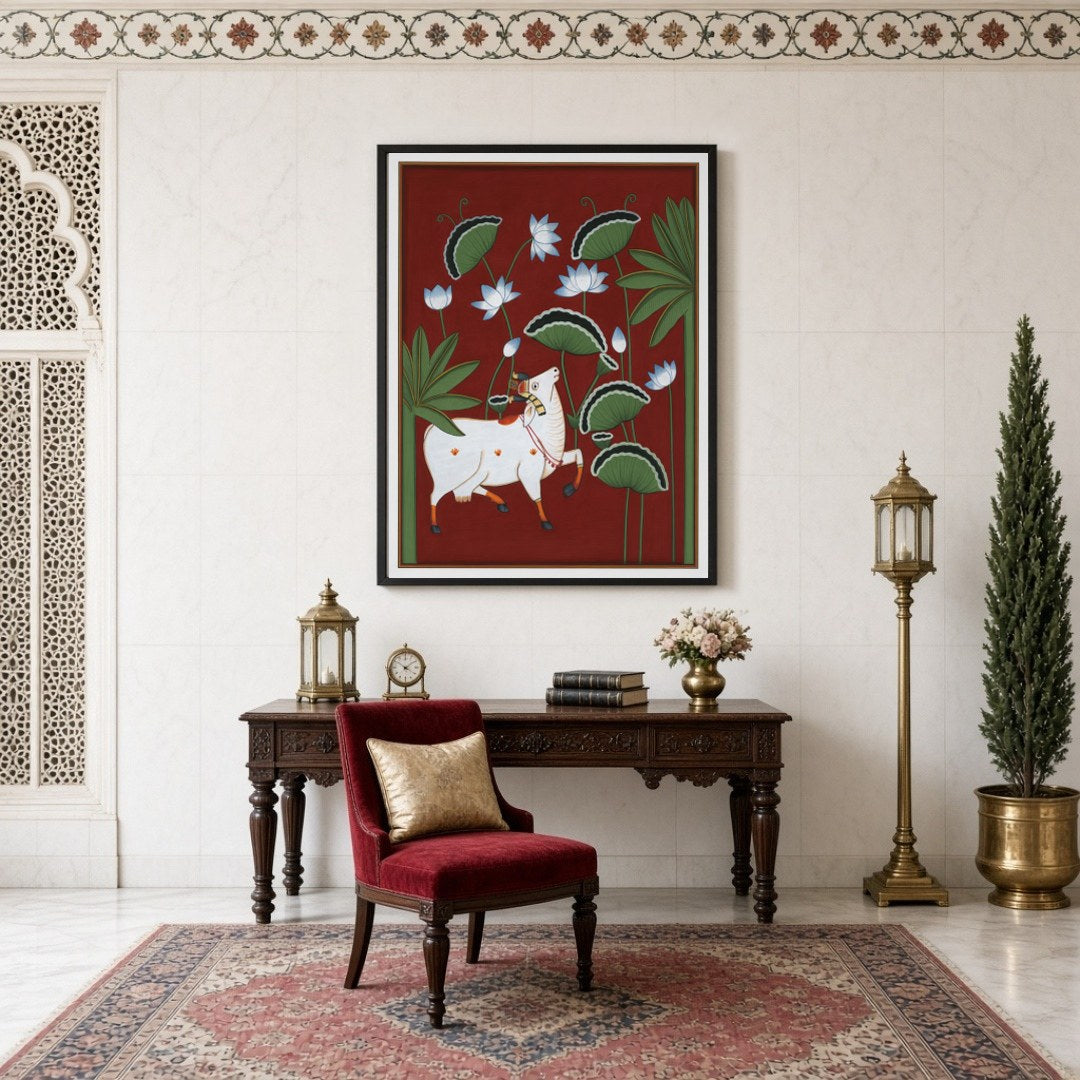 This striking Pichwai artwork captures the divine presence of Kamdhenu amidst a lush lotus canopy, for Study