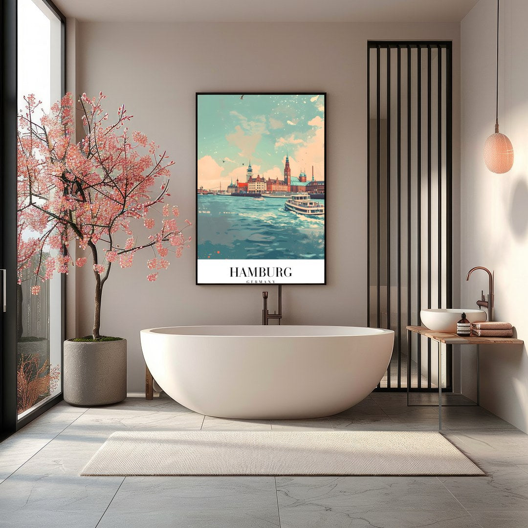 This stunning piece captures the vibrant essence of Hamburg's iconic harbor, showcasing its for Bathroom