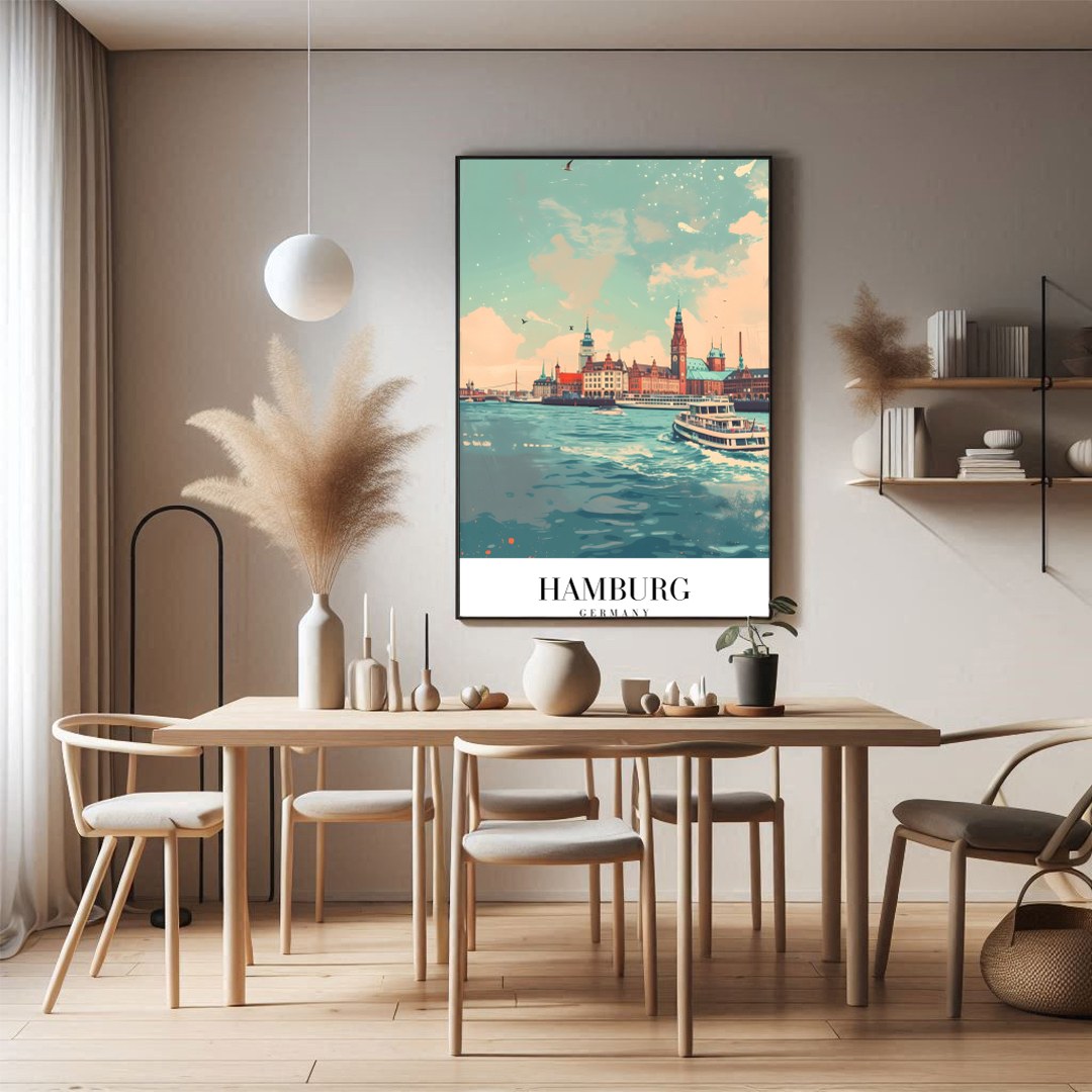 This stunning piece captures the vibrant essence of Hamburg's iconic harbor, showcasing its for Dining
