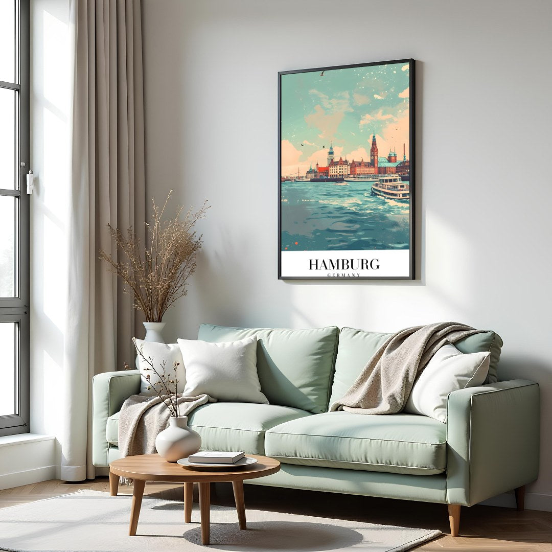 This stunning piece captures the vibrant essence of Hamburg's iconic harbor, showcasing its for Hall
