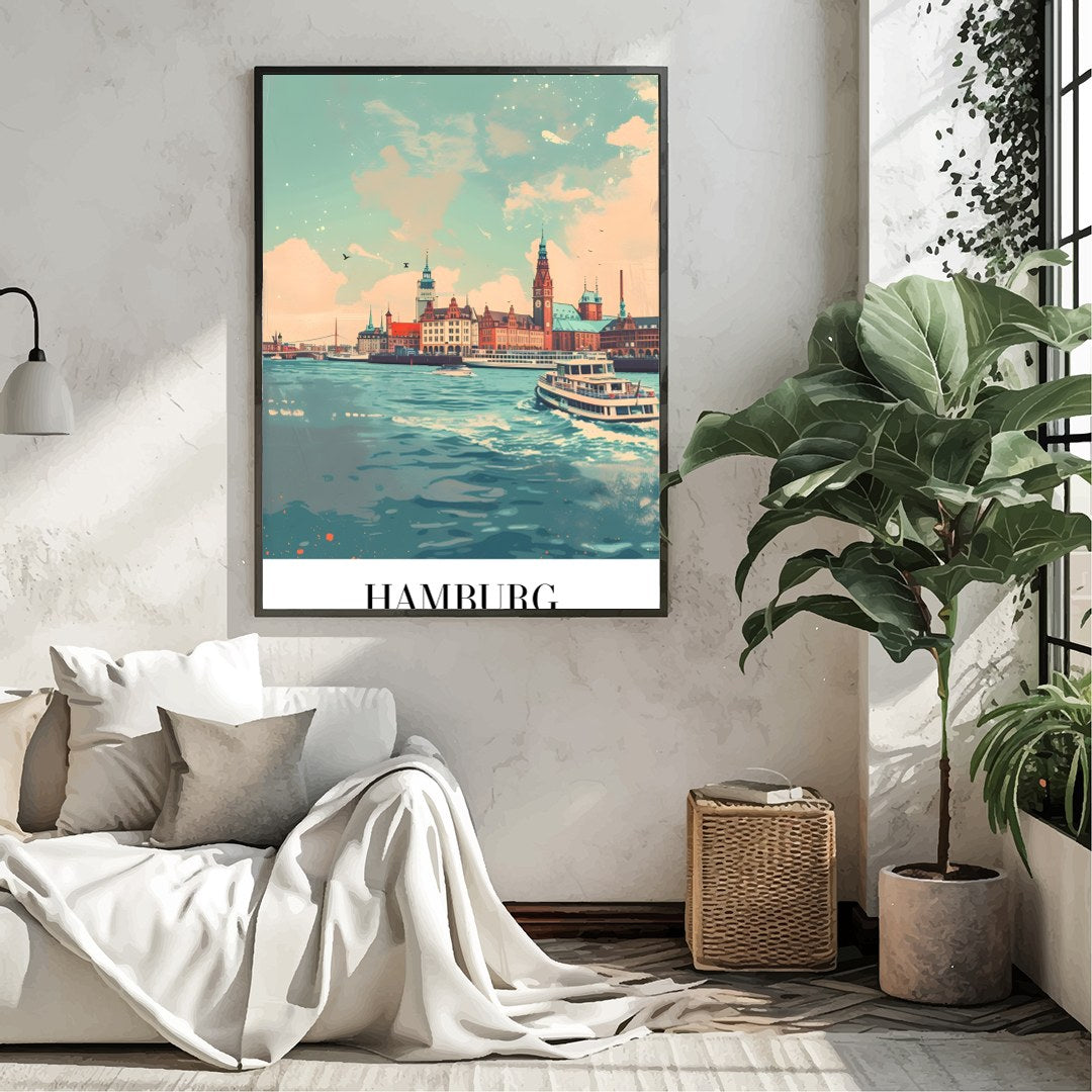 This stunning piece captures the vibrant essence of Hamburg's iconic harbor, showcasing its for Living Room