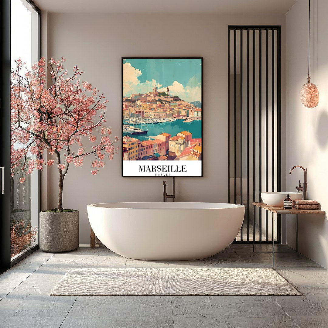 Immerse yourself in the vibrant beauty of Marseille with this captivating artwork. Featuring the for Bathroom