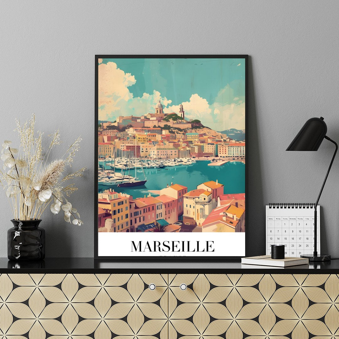Immerse yourself in the vibrant beauty of Marseille with this captivating artwork. Featuring the for Shelf